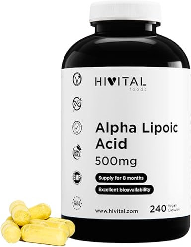Ácido Alfa Lipoico (ALA) 500 mg. 240 cápsulas veganas para 8 meses de tratamiento. ALA Granular de máxima biodisponibilidad y absorción. Fabricado en España por HIVITAL