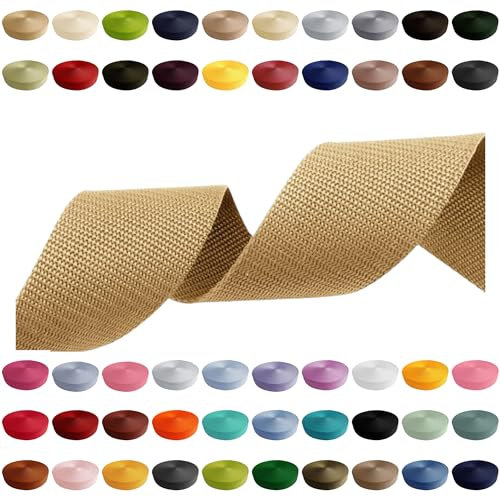 Gurtband 2m 5m 10m 50m, 50 Farben, Breite 10mm 15mm 20mm 25mm 30mm 40mm 50 mm Taschengurt Polypropylen Ideal für DIY-Projekte, Handarbeiten & Outdoor (010) Hellbeige, 25mm x 5m