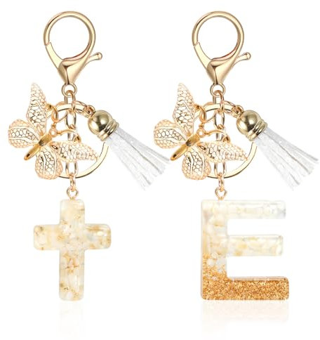 MWOOT Alphabet Initiale Lettre Porte Clés Femmes Papillon Croix Porte Clés Christian Bible Porte Clés pour Bourse Sac à dos Sac à main Charmes,Blanc