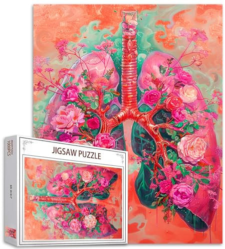 Flower Organs Jigsaw Puzzles 1000 Stück für Erwachsene, Lungs Floral Puzzles für Erwachsene Unique Human Body Anatomy Puzzles Pink Flowers Bone Puzzles Arts Medical Office Decor Gift