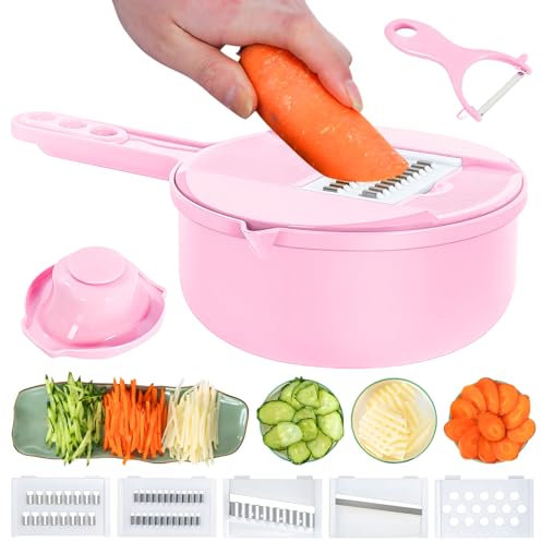 Gemüse Käsereibe Werkzeugset Multifunktionaler Gemüseschneider mit Ablaufkorb, Gemüseschneider, Gemüsehobel, Mandolinenschneider, Zerkleinerer, Küchenhelfer, Gemüseschäler, Shredder-Set (Rosa, 7-in-1)