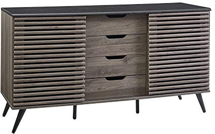 HXZJUIKL Walker Edison Armoire Moderne à 4 tiroirs en Bois avec Portes coulissantes, Buffet d'entrée, Armoire de Rangement, Portes de Salle à Manger, Console de 149,9 cm, Noir et Noyer foncé