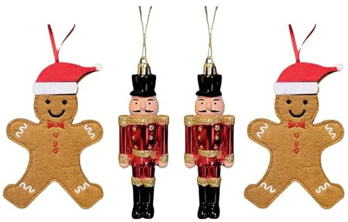 Gingerbread Men and Nutcracker Hanging Tree Decorations 4 Pack | 2 Gingerbread Men, 2 Nutcrackers | Christmas Tree Decoration | Hanging Christmas Tree Ornaments