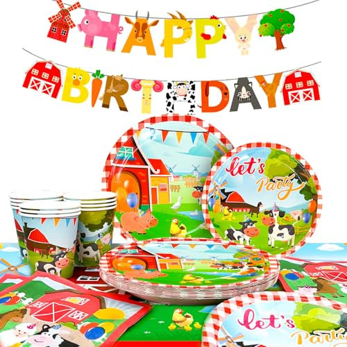 Farm Party Supplies,Serves 16 Farm Animals Party Tableware Set Plates Cups Tablecloth Banner ect Birthday Supplies Decorations for Kids Baby Shower