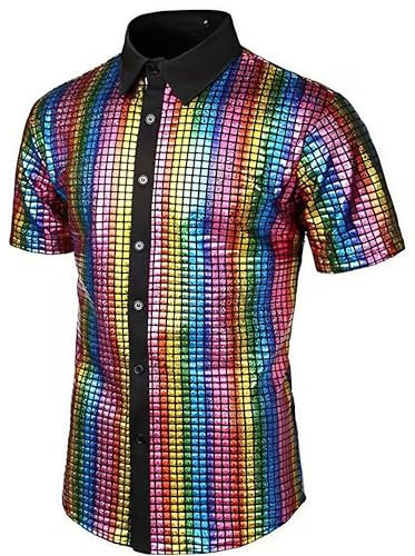 ABEHIK Herren Disco Hemd mit Pailletten 70er Kurzarm Party Kost�m f�r M�nner Rave Shirt Mottoparty Karneval bunt XXL