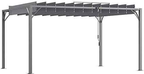 Outsunny 4 x 3(m) Outdoor Louvered Pergola with Adjustable Roof, AluminIum Patio Gazebo Canopy with Ground Stakes for Patio, Lawn, Garden, Grey