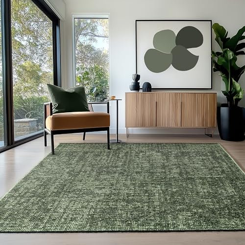 HomebyHome Baumwolle Chenille Teppich Grün 140x200 cm Waschbar, Boho-Stil, Vintage Kelim, Kurzflor, rutschfest & Weich, Einfarbig Meliert, Für Wohnzimmer, Schlafzimmer, Büro & Küche