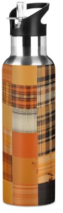 Mexpekil Orange Checkered Geometry 600ml Insulated Water Bottle with Straw Lid Stainless Steel Thermos Bottle Vacuum Flask Leakproof Travel Sports Water Bottles for Running Cycling Hiking