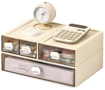 OSteed Desktop Drawer Organiser, Stackable Desk Storage Box, Cream | 4 Mix Drawers, Small Desk Organiser Tray, Countertop, Desk Tray, A4 Flat paper, Wide Shallow, Bathroom Storage Solutions