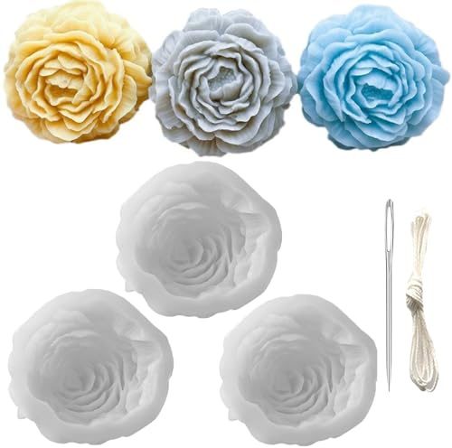 3 Pack Peony Silicone Candle Mold Flower Mold Resin Casting Molds with Large-Eye Wicking Needle,Candlewick for DIY Scented Candle, Soy Wax, Cake, Soap,Craft Making