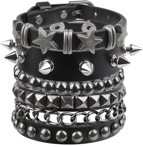 Cosblisvia 4 Stück Punk Rock Nietenarmbänder, Leder Armband Set für Männer, Frauen für Konzert, Party, Halloween, 80er Jahre Look (Schwarz & Silber)