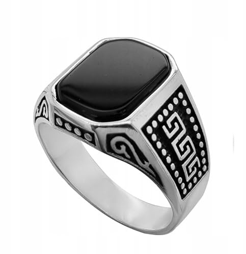 Ulex Premium 925 Sterling Silber Ringe Herren Siegelring mit schwarzem Onyx griechischer Meander poliert exklusiver Männerring edler Schmuck Größe 61