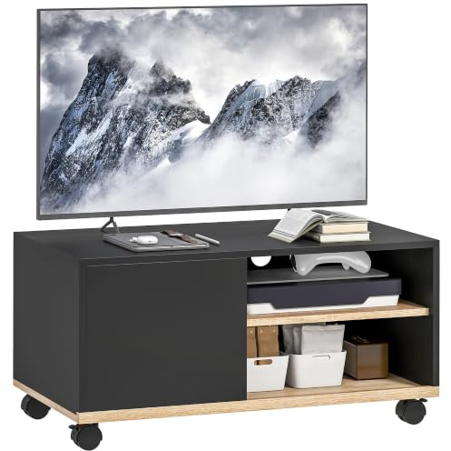 HOMCOM Mueble de TV con Ruedas, Mesa de TV Móvil, hasta 32 Pulgadas, Negro | Mueble para Televisión, 1 Puerta, 2 Compartimentos Abiertos, Estante Ajustable, Salón, Comedor, Dormitorio
