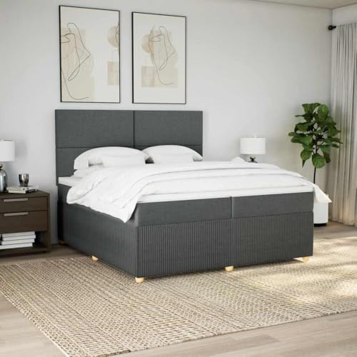 QJBSAVVA Boxspringbett Dunkelgrau 200x200 cm mit Taschenfederkern Matratze & LED Beleuchtung Höhenverstellbares Kopfteil Modernes Design Gäste- oder Familienbett für Schlafzimmer