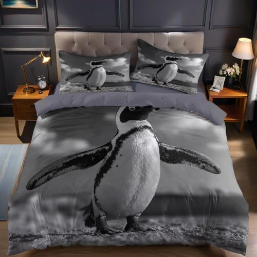 Grau Bettwäsche 200 x 220 cm Tier Pinguin 3D Druck 3 teilig Polyester Baumwolle Bettwäsche Set weich mit Reißverschluss für Jugendliche Mädchen Jungen