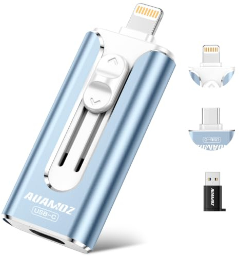 AUAMOZ 512GB Mini Dual Interface Flash Drive, Portable Memory Stick Compatible with iPhone 17/16/15/14/13/12/11, iPad, Android & PC, Easy to Save Photos, Videos & Files (Mist Blue)