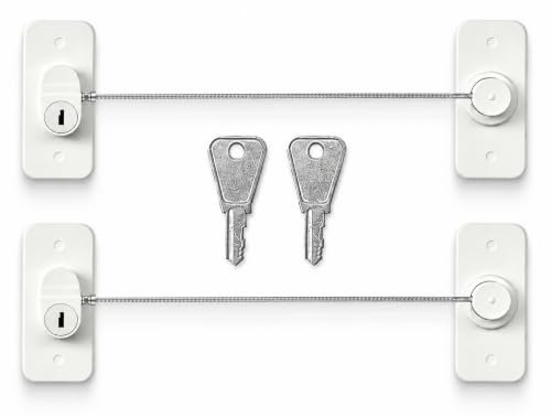 2 PCS Fenster Kindersicherung Weiß, Fenstersicherung Kinder, Abschließbares Kabelschloss Ohne Bohren, Selbstklebender Öffnungsbegrenzer für Kühlschrank, Schrank, Schublade und Balkontür