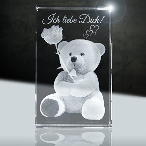 3Dglas Der Rosenbär | Geschenke für Frauen Sagen Immer Ich Liebe Dich | Motiv: Teddy Rose | 80x50x50mm | Partnergeschenk