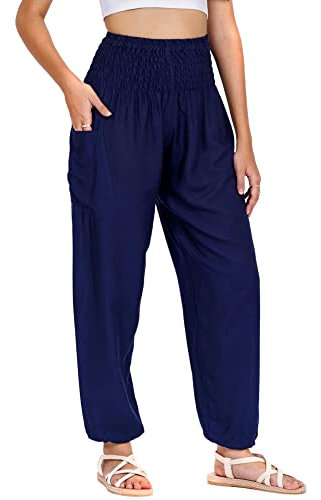 Lofbaz Damen Haremshose Yogahose Pumphose Hippie Hose Boho Kleidung Festival Outfit Sommerhose Leicht Sommer Hosen - Solid 1 Dunkelblau XXL Große Größen