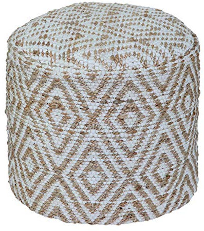 Homescapes Sitzsack-Hocker Sierra 40x45 cm, runder Pouf mit Ethno-Muster handgefertigt in Natur & Weiß, Fußhocker aus Jute & Baumwolle mit Perlen-Füllung