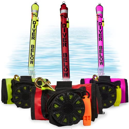DiveSafe Delayed Surface Marker Buoy - 6ft Open Bottom with Over Pressure Valve, High Visibility Reflective Band, Strobe Light or Flashlight Holder, 100ft ABS Finger Reel and Whistle