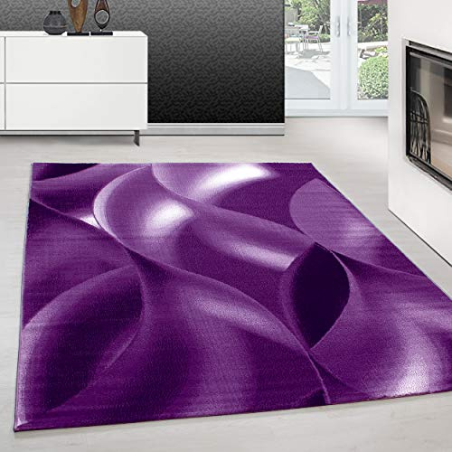 Teppium Moderner Kurzflor Teppich Läufer Flur 80 x 150 cm Lila - Flauschiger Teppich Waschbar, Abstrakt Wellen Design, Pflegeleicht, Weich - Ideal als Bettvorleger im Schlafzimmer und Küchenläufer