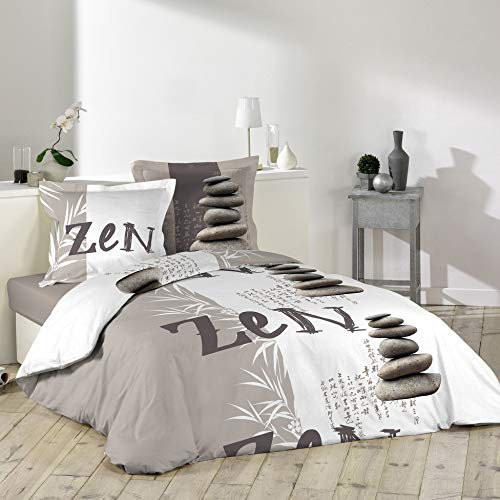 Dynamic24 3tlg. Bettwäsche 240x220cm cm Zen Japan asiatisch Steine Taupe 100% Baumwolle Bettdecke Übergröße Bett King Queen Size mit 2 Kissenbezügen und 1 Bettdeckenbezug