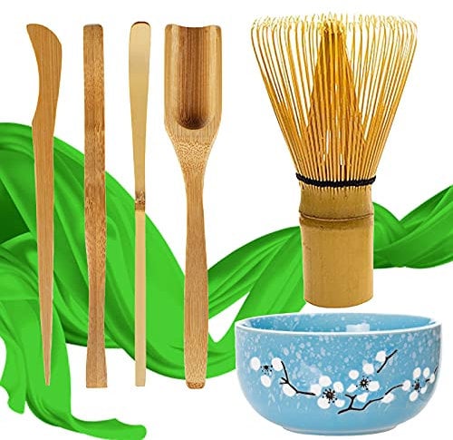 1 Matcha Whisk Set of 6 Brush Whisk (Chasen)+Traditional Scoop (Chashaku)+Tea Spoon+Ceramic Bowl+Tea Needles+Tea Hold,Green Tea Bamboo Preparing Tool for Making Matcha