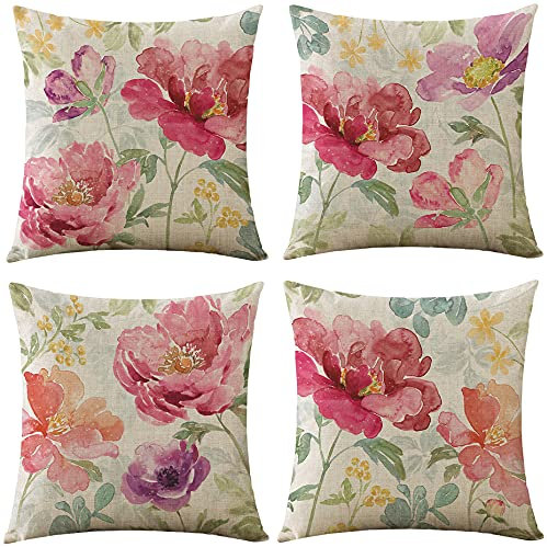 WOMHOPE Dekorative Kissenbezüge mit Frühlingsblumen, Vogel und Schmetterling, 45,7 x 45,7 cm, 4 Stück, für Wohnzimmer, Couch und Bett (Aquarellblume)