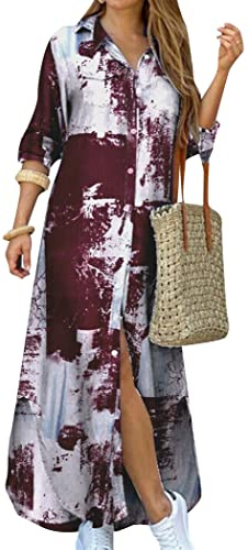 OMZIN Women Rolled Up Sleeve Button Down Lapel Dress Floral Print Maxi Dresses Loose Dress