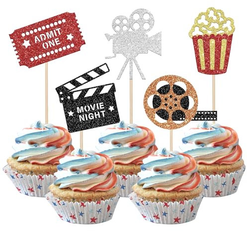 30 Stück Movie Theater Cupcake Toppers Glitter Nacht Roll Kamera Popcorn Kuchendekoration Hollywood Thema Baby Dusche Kinder Geburtstag Party Kuchen Dekorationen Zubehör