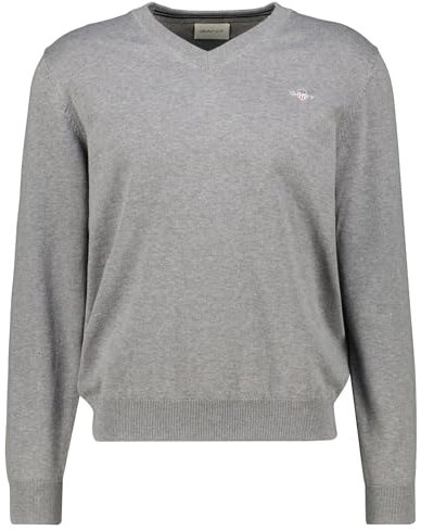 GANT Cuello en V de algodón Suéter, Color Gris Oscuro Jaspeado, L para Hombre