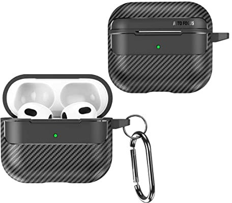 GOKEN Cover per AirPods 3, Silicone TPU Fibra di Carbonio Custodia, Protettiva Case con Moschettone, Antiurto Protezione Shell, LED Frontale Visibile, Nero