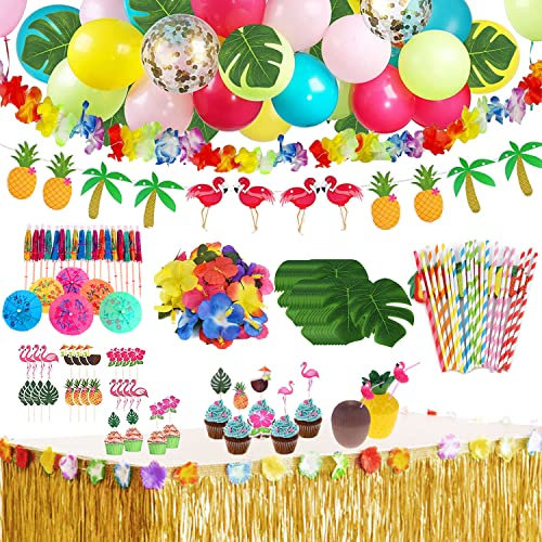 SALADOCY 147 Hawaïenne Table Jupe Ballon Guirlandes Set Palmier de Simulation Fleurs d'hibiscus en Soie Cocktail Parapluie Pailles de Fruits Fruits 3D pour Beach Summer et Fête à Thème Hawaïenne