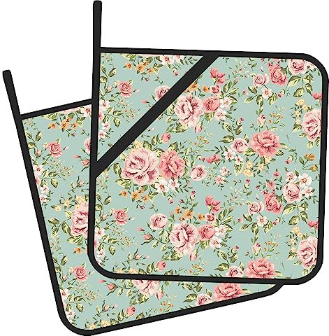 Gearsly Topflappen-Set, Vintage-Stil, Rose, schick, Blume, Küche, hitzebeständig, Topflappen für Grillen, Kochen, Backen, Lebensmittel, Hot Pat für Damen und Herren, Küchenkleidung