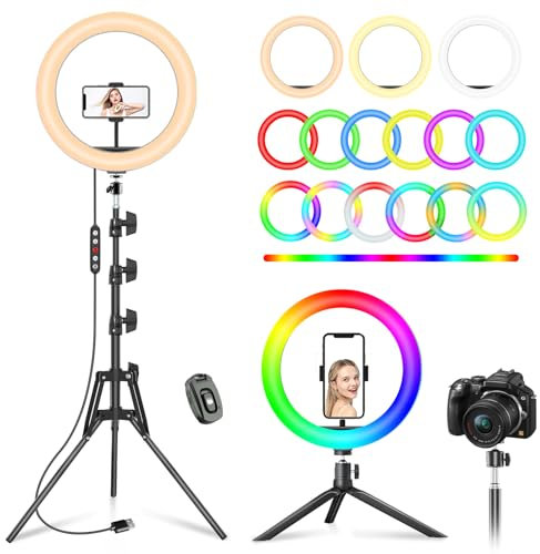 PEYOU 12 Aro de Luz con Trípode 183 CM Ring Light 39 Modos RGB, Aro de Luz con 10 Brillo Ajustable y Control Remoto Bluetooth, para Selfie,Tiktok,Youtube,Twitch Live,etc.