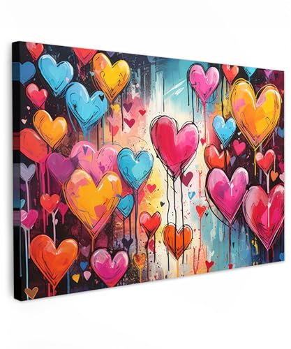 MuchoWow© Leinwände Groß 120x80 cm XXL Wall Decoration Bilder Schlafzimmer Deko Pictures Canvas Painting Wanddekoration Wohnzimmer Banksy - Street Pop Art - Herzen - Farben - Kunst - Liebe