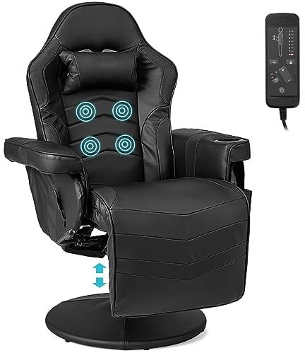 COSTWAY Massage Gaming Chair, Height Adjustable Swivel Racing Video Gaming Recliner with Retractable Footrest, Headrest and Cup Holder, Ergonomic High Back PU Leather Executive Desk Chair (Black)
