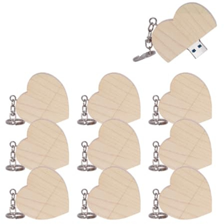 Lot de 10 clés USB 3.0 32 Go en forme de cœur en bois (3.0 32 Go, forme de cœur-1)