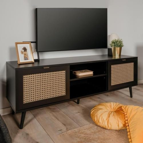 Meuble TV avec 2 portes et un compartiment ouvert en noir avec façades en osier - Vienna56A