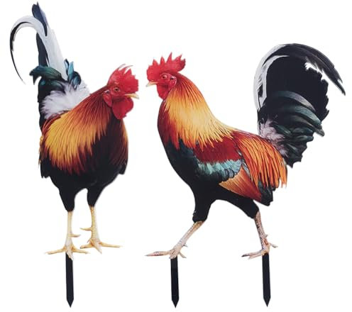 CREATCABIN 2Pcs Chicken Yard Art Acrylic Animal Stake Garden Hen Decoration Rooster Statue Double Sided Printing Sculpture Outdoor Stakes Yard Sign Art Decor Plug Ornament for Farmhouse Lawn