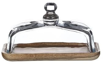 Butterdose aus klarem Glas mit Deckel, Butterdose aus Holz, Butterdose mit Deckel, Behälter für Essteller, Dessert, Kuchen, Kühlschrank und Theke für Block von Frischkäse und Servierplatte (A)