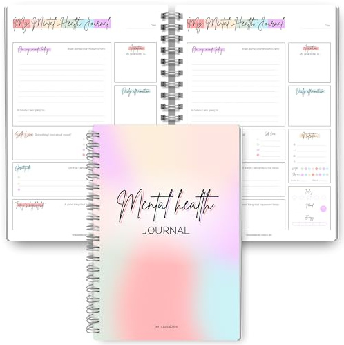 Templatables Mental Health Journal, A5 Rainbow, Daily Dankbarkeit, Self Care, Intentions, Affirmations, Nutrition, Annual & Mood Tracker, Goals & Reflections 2023