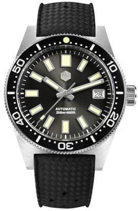 San Martin Herren-Armbanduhr 62mas SN007GB, 39 mm, 20 Bar, Taucheruhr, NH35, automatische mechanische Luxus-Taucher-Armbanduhr, wasserdicht, Gummiband, Grau, Modern