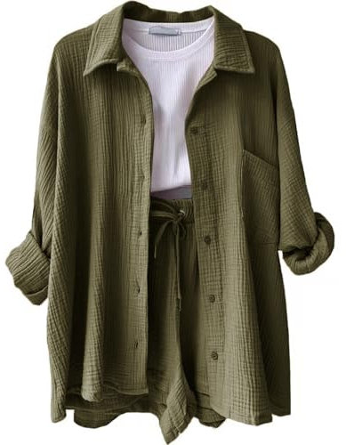 Bluse Damen Kurzarm Oversize Button Down Shirt Outfit Hochzeitsgast Damen Spitzenbluse Einfrabige Trachtenblusen Hawaii Shirt Musselin Hose Damen Sommerblusen Strandshirt(3-Army Green,XXL)