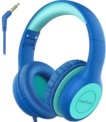 EarFun Kinder Kopfhörer, Kopfhörer Kinder mit Kabel, 85dB Lautstärkenbegrenzer, Audio-Sharing, Faltbare, Einstellbar, Stereo Sound, Over Ear Kinderkopfhörer für Schule/Tablet/PC, Blau