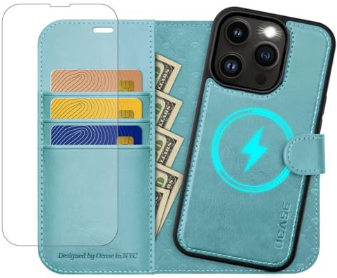 OCASE for iPhone 13 Pro Max Case, Magnetic Detachable 2-in-1 PU Leather Wallet Case with[RFID Blocking][Wireless Charging][Card Holders][Kickstand] Removable Protective Phone Cover, Ice Blue
