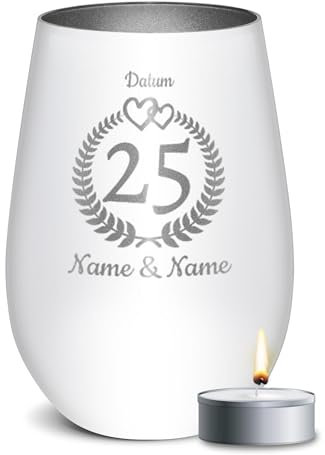 PR Print Royal Weißes Windlicht mit Gravur zur Silberhochzeit - 25 Jahre - mit Namen & Datum - Hochzeitsgeschenk, Geschenk Silberhochzeit | inkl. Teelicht, 450 ml, Innen Silber