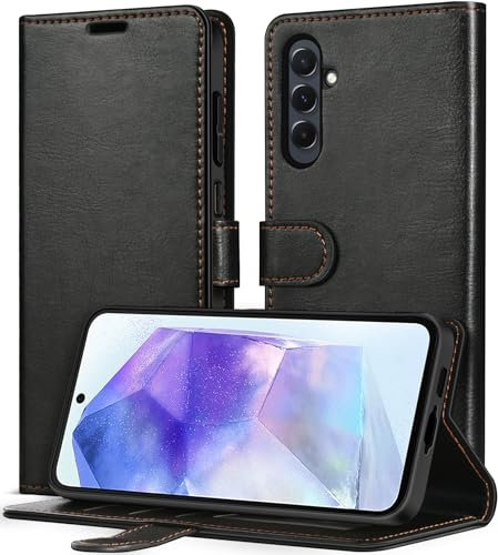 ivoler Handyhülle für Samsung Galaxy A55 5G, RFID-Blockierung Hülle Premium PU Leder Klapphülle Stoßfest Schutzhülle Magnetische Flip Case mit Kartenfach und Standfunktion - Schwarz