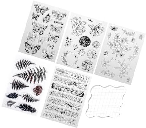6 Blätter Silikonstempel, 5 Muster Transparente Stempel Blumen Farn Schmetterling Pflanzen Sprüche mit Acrylblock für DIY Journal